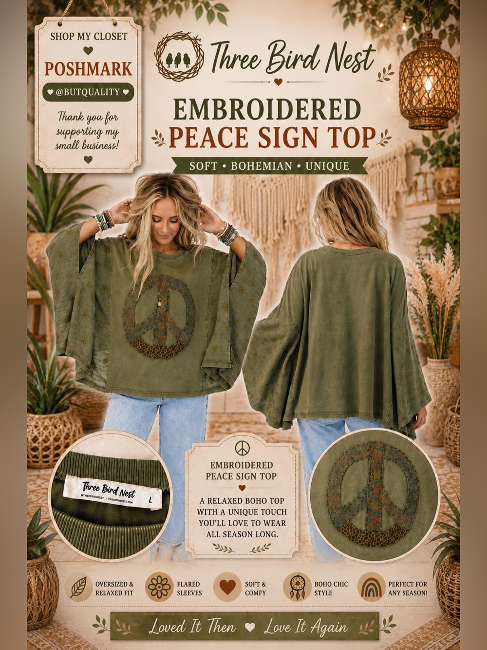 Three Bird Nest Olive Peace Sign Flutter Sleeve Tunic